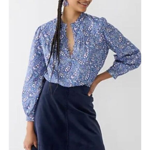 JCrew Women XS Blue Purple Button Front Ruffleneck Popover Liberty Bourton Bloom - Picture 11 of 11
